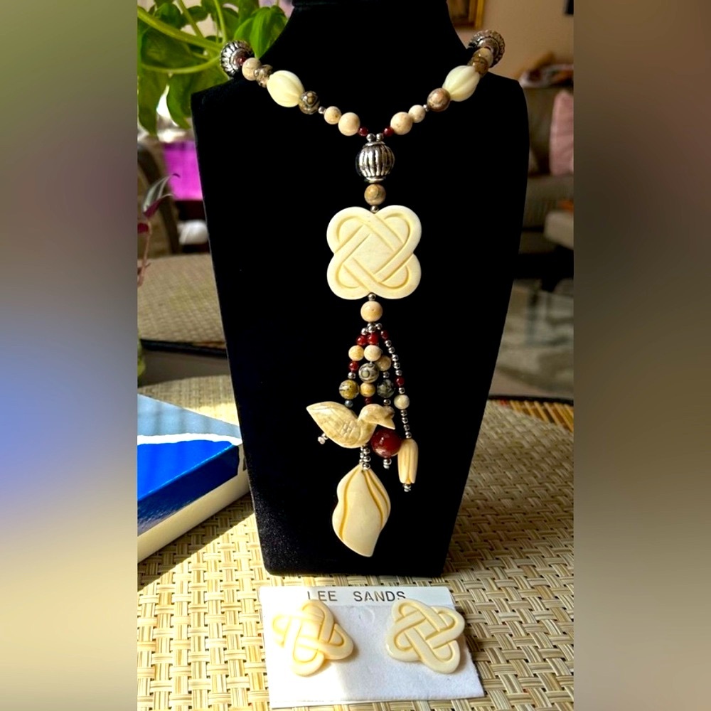 Lee Sands bone, beaded necklace, and earrings set.